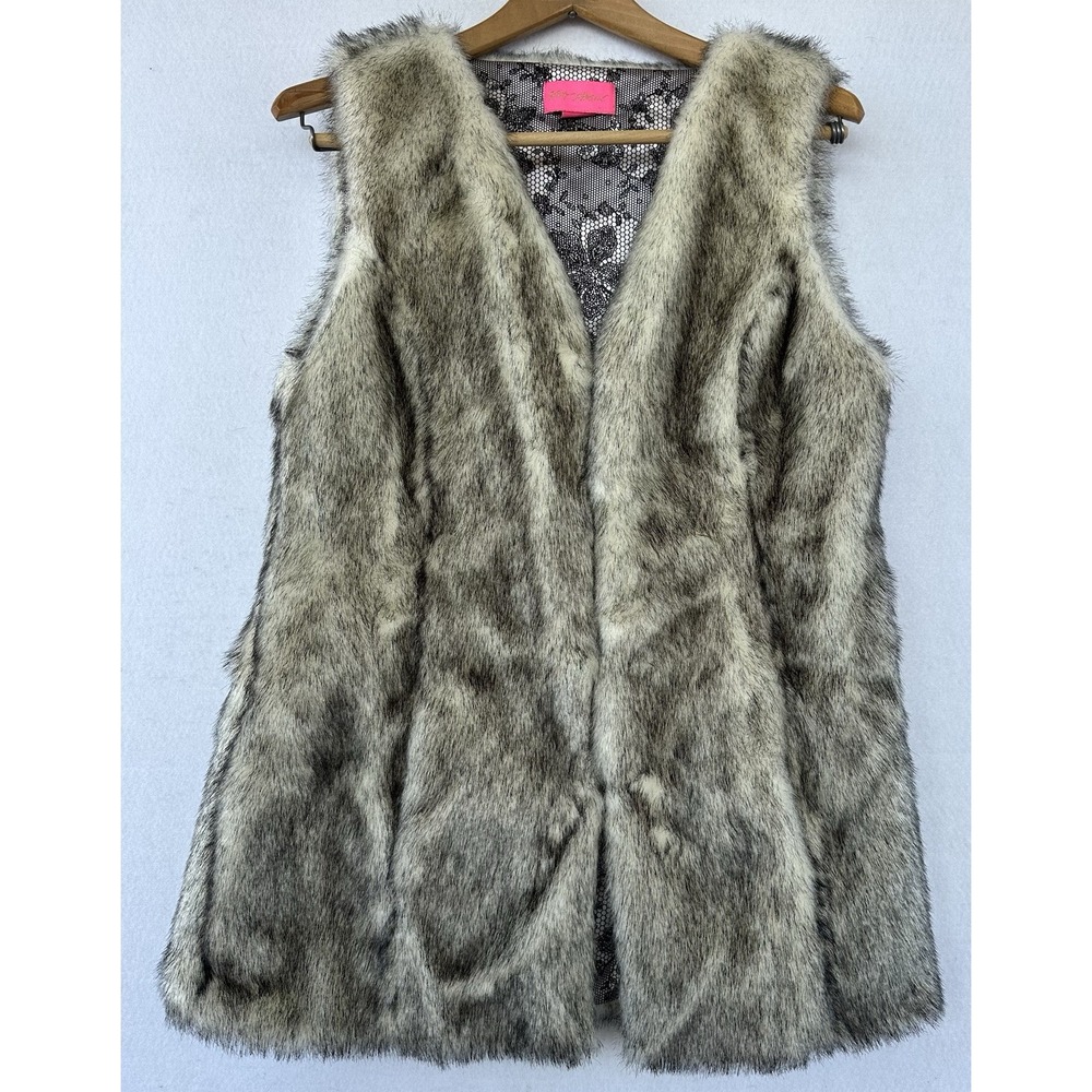Betsey Johnson Faux Fur Vest Long M/L Pockets Chic Boss Wife